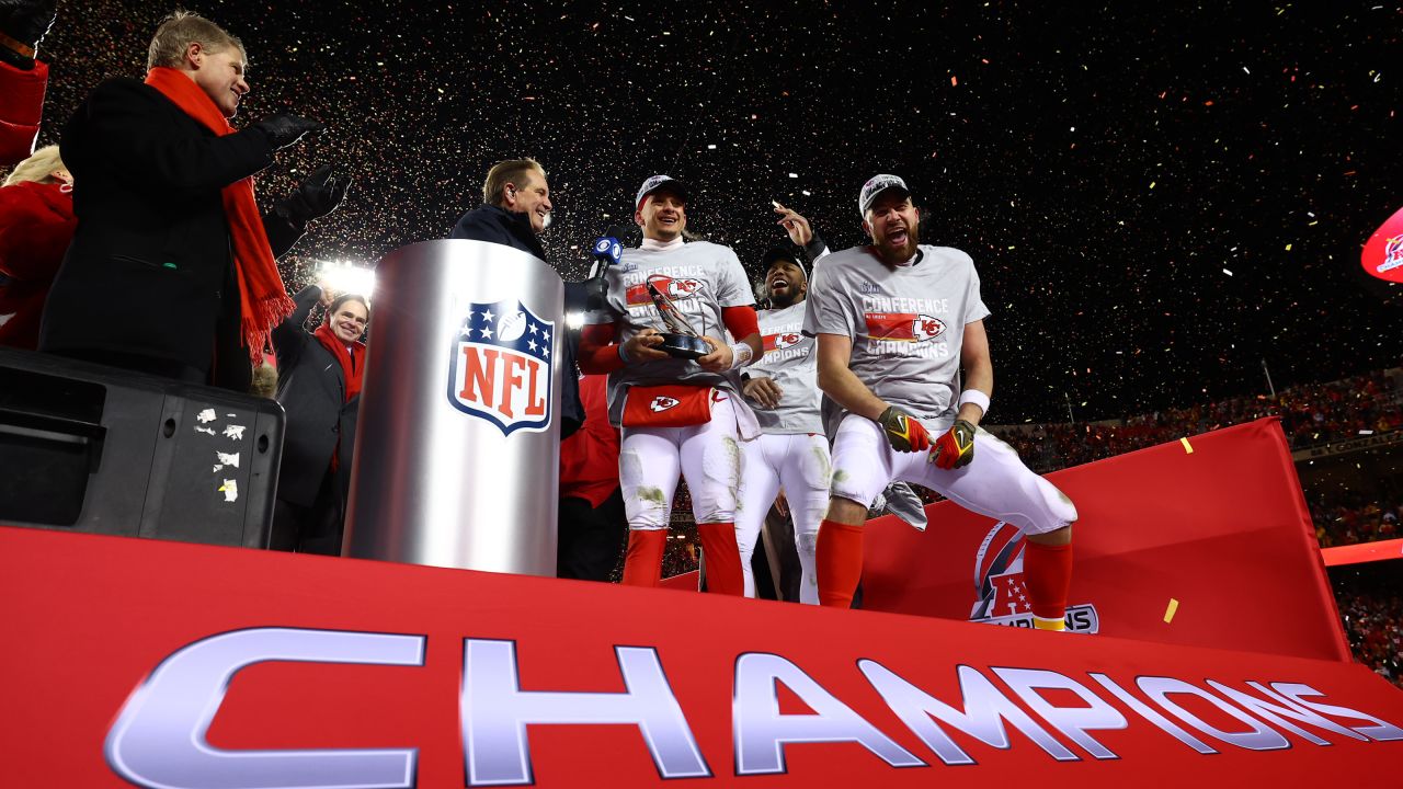 The Kansas City Chiefs celebrate winning the AFC Championship game.