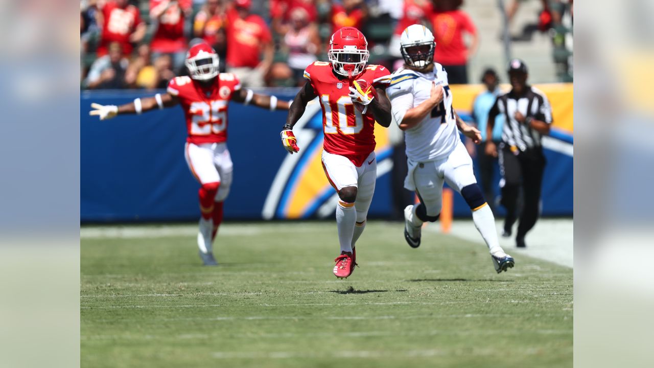 Kansas City Chiefs' Tyreek Hill walks off the field at the end of the game  after the Chiefs defeated the Chargers 38-28 at StubHub Center in Carson,  California on September 9, 2018.