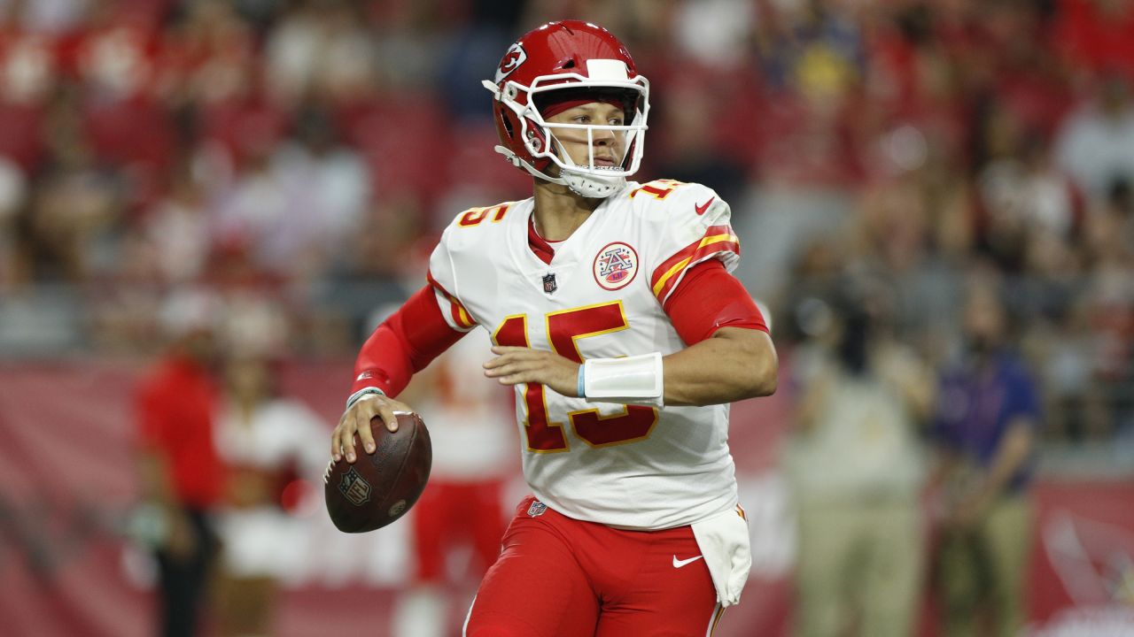 Kansas City Chiefs quarterback Patrick Mahomes (15) looks to throw against  the Arizona Cardinals during the first half of an NFL pre-season football  game, Saturday, Aug. 21, 2023, in Glendale, Ariz. (AP