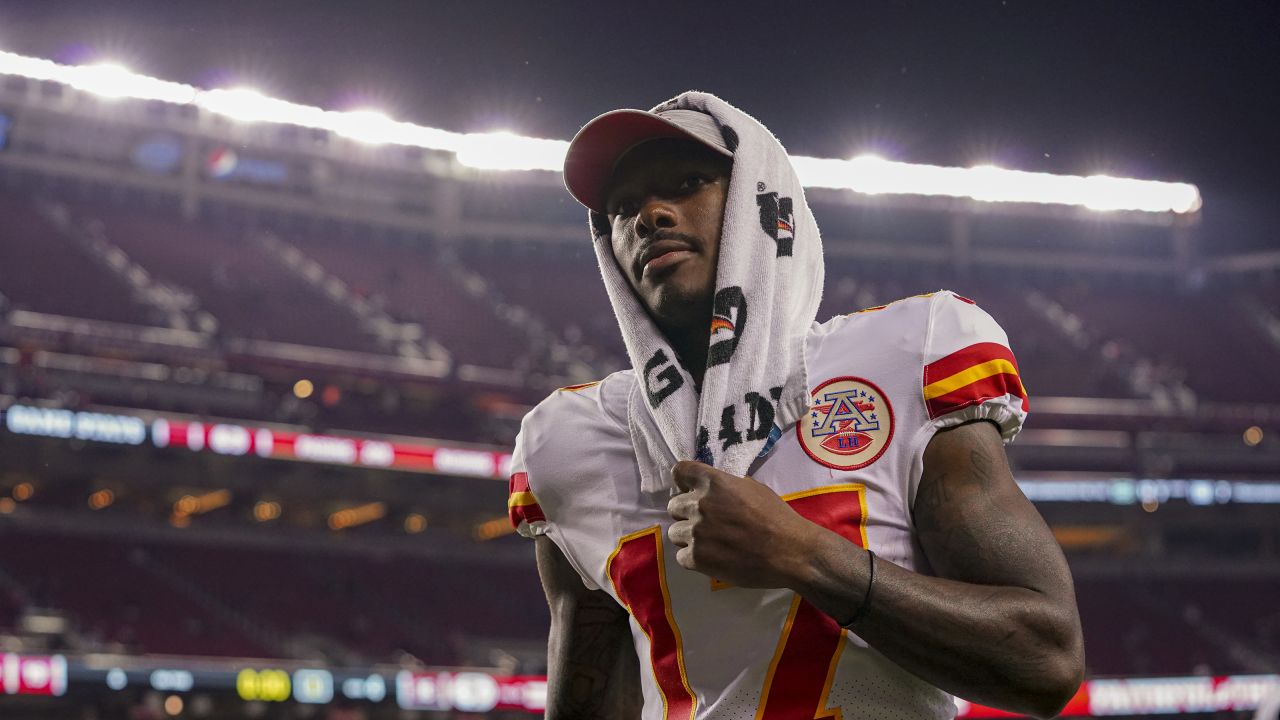 Kansas City Chiefs wide receiver Mecole Hardman (17) walks off the field after preseason game one against the San Francisco 49ers, Saturday, Aug. 14th, 2021.