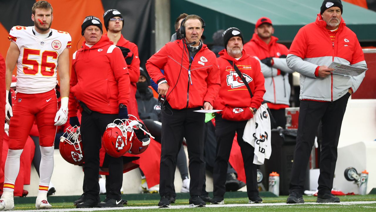 Kansas City Chiefs Defensive Coordinator Steve Spagnuolo during an NFL football game against the Cincinnati Bengals, Sunday, January 2, 2022 in Cincinnati.