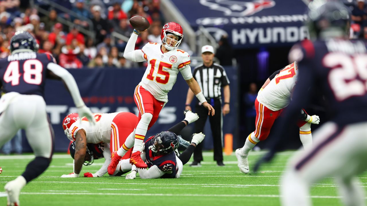 Kansas City Chiefs quarterback Patrick Mahomes (15) during an NFL football game against the Houston Texans, Sunday, December 18, 2022 in Houston.