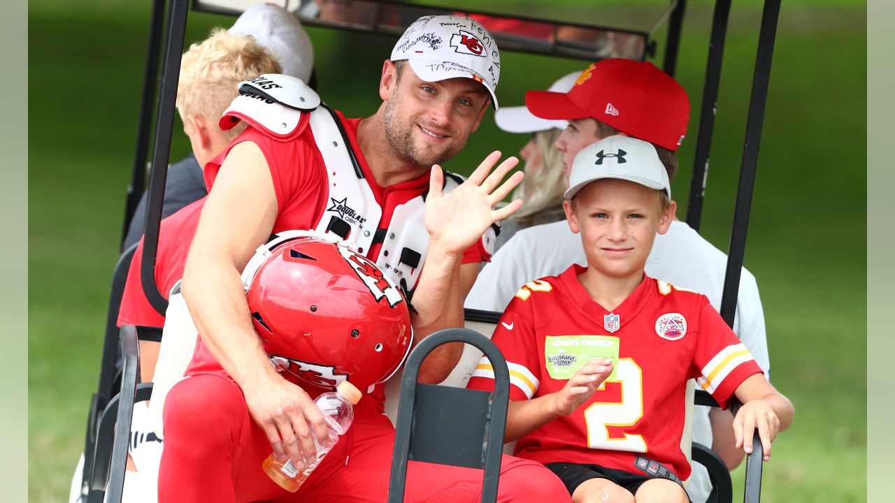 Kansas City Chiefs punter Dustin Colquitt wears a Salute to Service  military appreciation logo on his helmet before an NFL football game  against the Tennessee Titans Sunday, Nov. 10, 2019, in Nashville