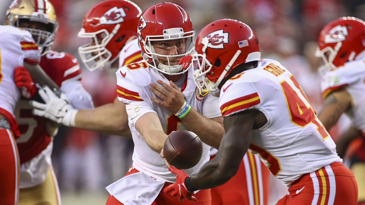 Kansas City Chiefs quarterback Shane Buechele (6) runs with the