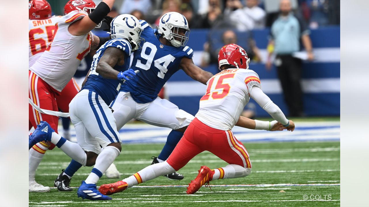 Indianapolis Colts safety Brandon Facyson (31) celebrates with Indianapolis  Colts defensive end Yannick Ngakoue (91) in