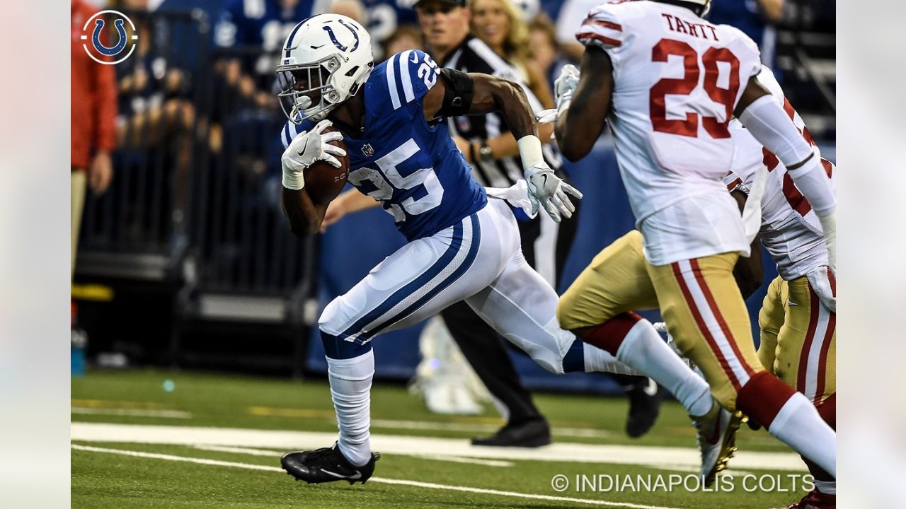 August 25, 2018: San Francisco 49ers defensive back Richard Sherman (25)  during NFL football preseason game action between the San Francisco 49ers  and the Indianapolis Colts at Lucas Oil Stadium in Indianapolis