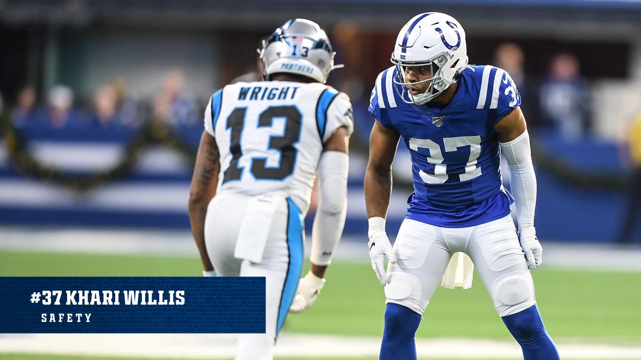 Indianapolis Colts strong safety Khari Willis (37) celebrates a pick six  with teammates Indiana …