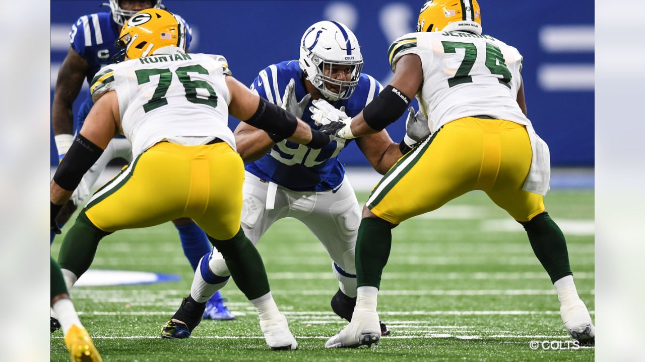 Indianapolis Colts defensive end Kwity Paye (51) and defensive tackle  Grover Stewart (90) prior to a snap during the first half of an NFL  preseason football game against the Minnesota Vikings, Saturday