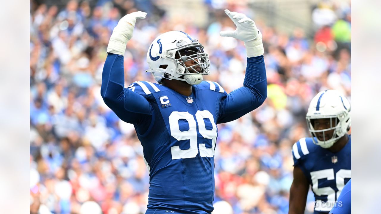 August 24, 2019: Indianapolis Colts linebacker Ben Banogu (52) and Chicago  Bears offensive lineman T.J. Clemmings (79) battle at the line of scrimmage  during NFL football preseason game action between the Chicago