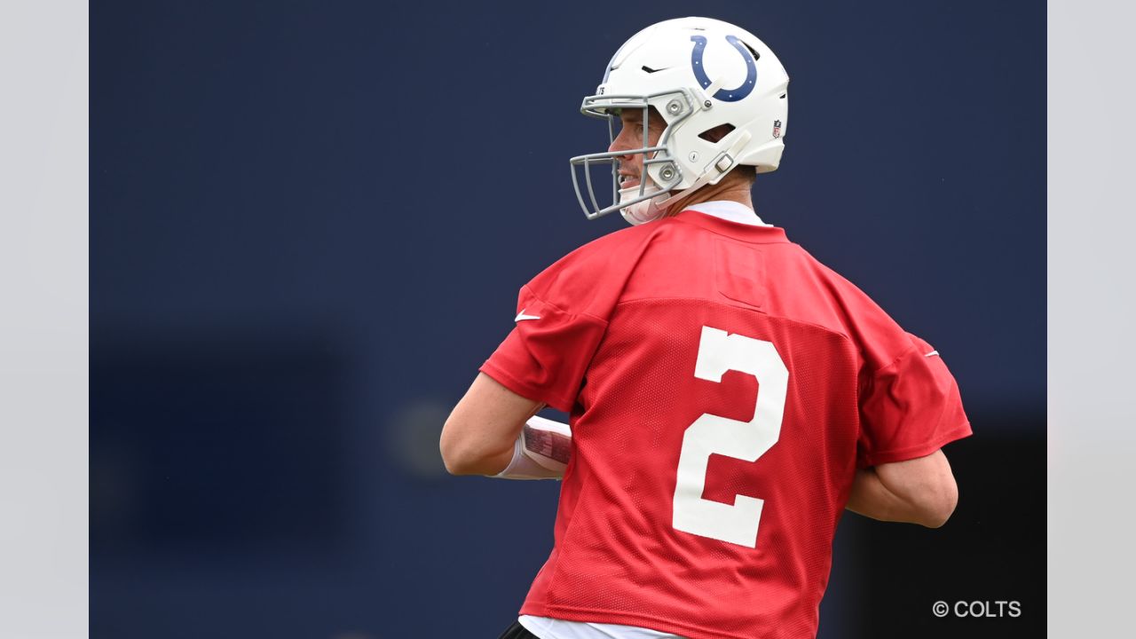 Indianapolis Colts quarterbacks, from left, Matt Ryan, Nick Foles, Sam  Ehlinger and Jack Coan drop back to throw during practice at the NFL team's  football training camp in Westfield, Ind., Thursday, July