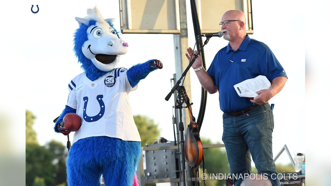 Blue, the Indianapolis Colts mascot, wears a military-themed outfit for  Veterans Day at Lucas Oil Stadium in Indianapolis, Nov. 11, 2018. Blue  engaged in a dance competition with Indiana service members prior