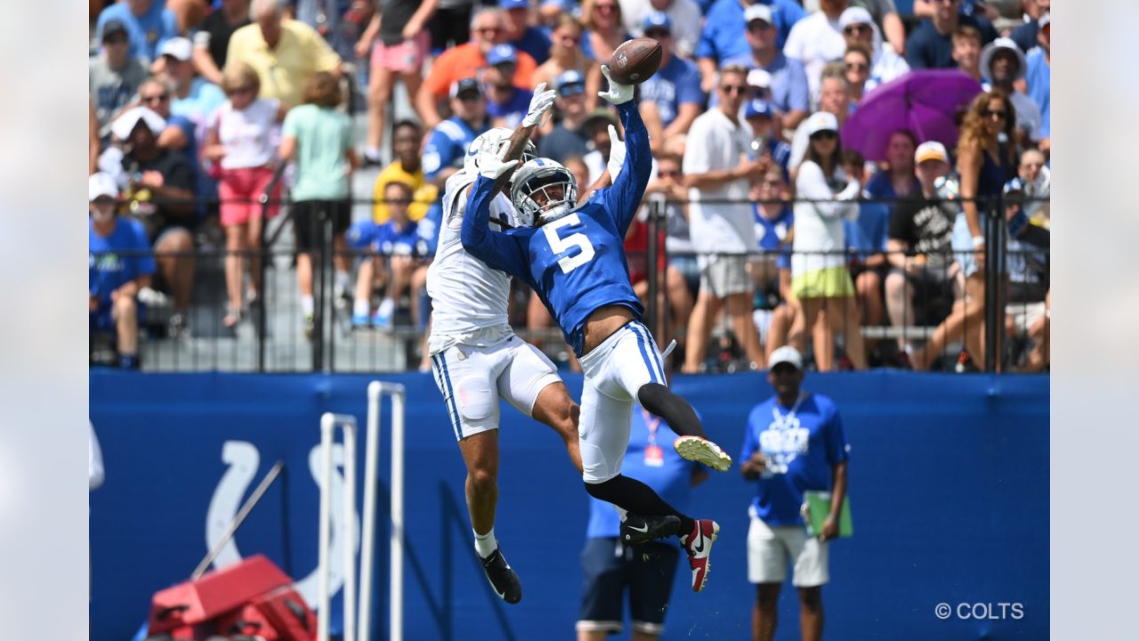 Indianapolis Colts cornerback Stephon Gilmore (5) and Indianapolis Colts  safety Nick Cross (20) talk on the field during an NFL football game  against the Tampa Bay Buccaneers, Saturday, Aug. 27, 2022, in