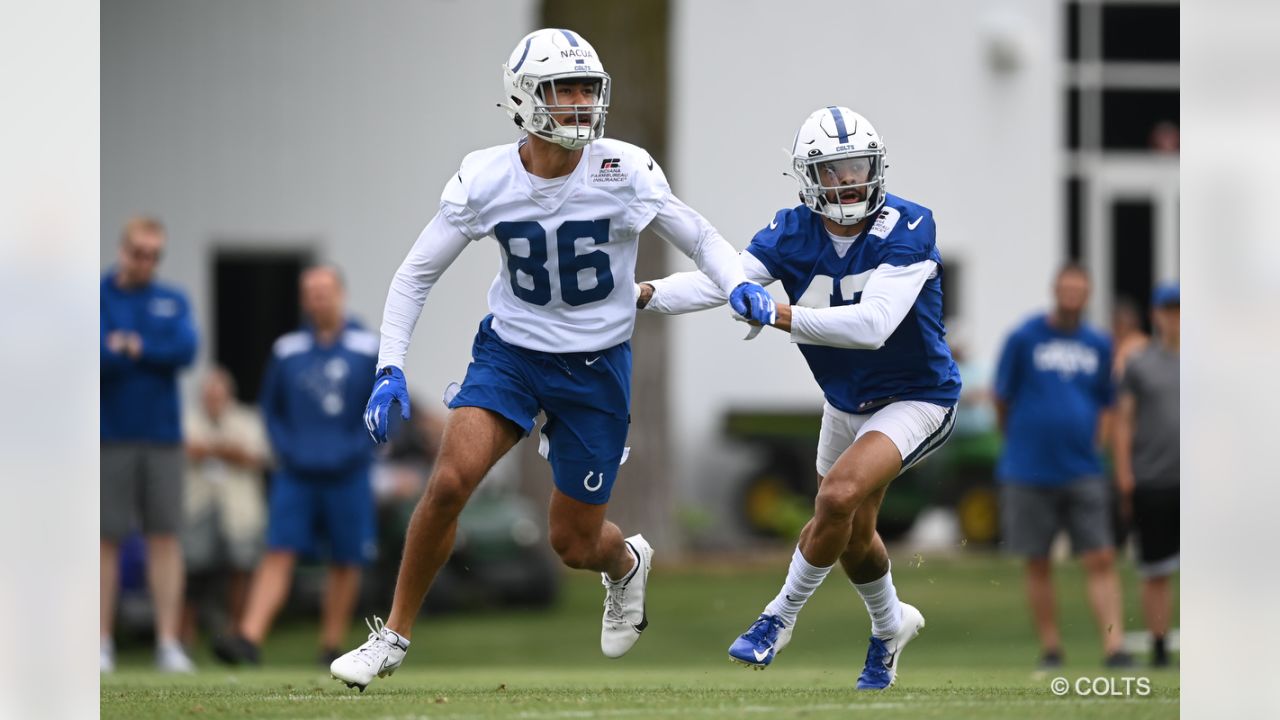 Indianapolis Colts quarterbacks, from left, Matt Ryan, Nick Foles, Sam  Ehlinger and Jack Coan drop back to throw during practice at the NFL team's  football training camp in Westfield, Ind., Thursday, July