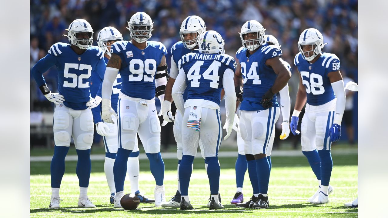 Indianapolis Colts safety Brandon Facyson (31) celebrates with Indianapolis  Colts defensive end Yannick Ngakoue (91) in