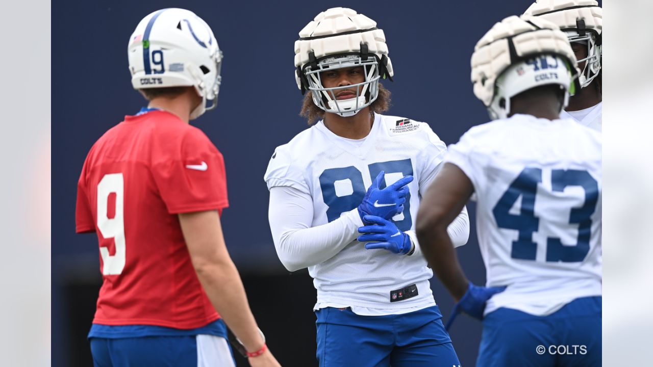 Indianapolis Colts quarterbacks, from left, Matt Ryan, Nick Foles, Sam  Ehlinger and Jack Coan drop back to throw during practice at the NFL team's  football training camp in Westfield, Ind., Thursday, July