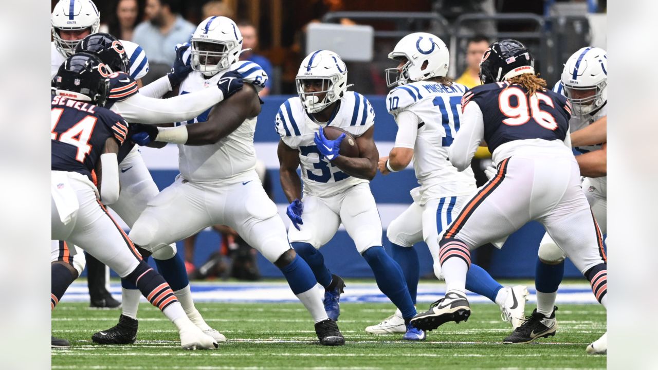 Indianapolis Colts wide receiver Josh Downs (1) returns a kick-off during  an NFL pre-season football game against the Buffalo Bills, Saturday, Aug.  12, 2023, in Orchard Park, N.Y. Buffalo defeated the Colts