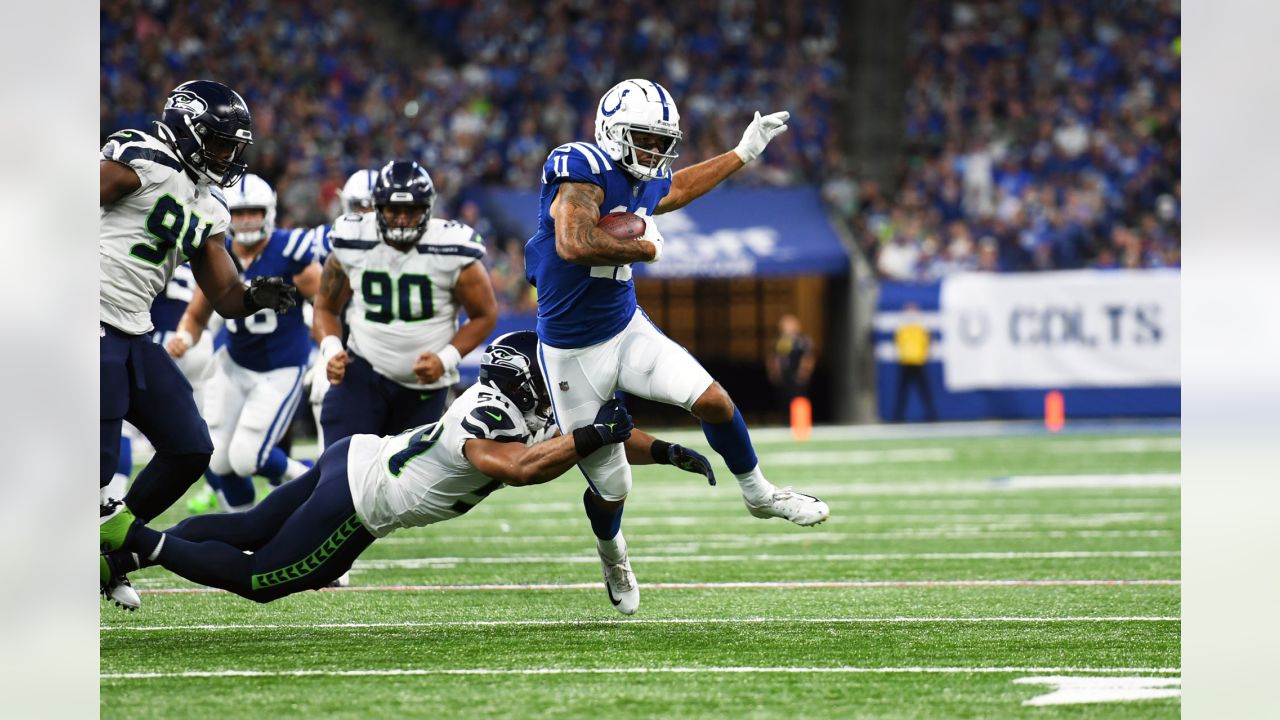 September 12, 2021: Seattle Seahawks quarterback Russell Wilson (3) passes  the ball during NFL football game action between the Seattle Seahawks and  the Indianapolis Colts at Lucas Oil Stadium in Indianapolis, Indiana.