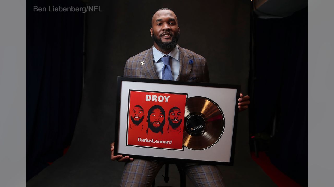 Indianapolis Colts linebacker Darius Leonard poses for a photo backstage after winning the AP Defensive Rookie of the Year award during the NFL Honors awards show, Saturday, Feb. 2, 2019 in Atlanta. (Ben Liebenberg/NFL)