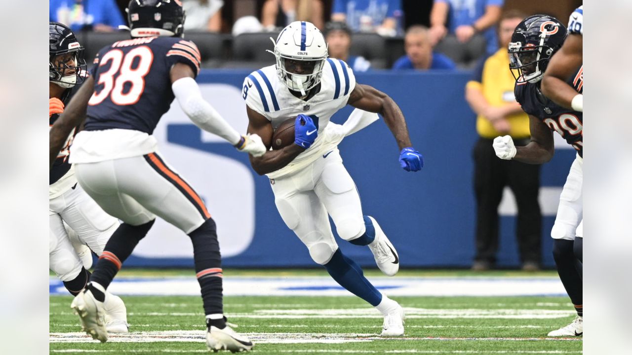 Indianapolis Colts wide receiver Josh Downs (1) returns a kick-off during  an NFL pre-season football game against the Buffalo Bills, Saturday, Aug.  12, 2023, in Orchard Park, N.Y. Buffalo defeated the Colts