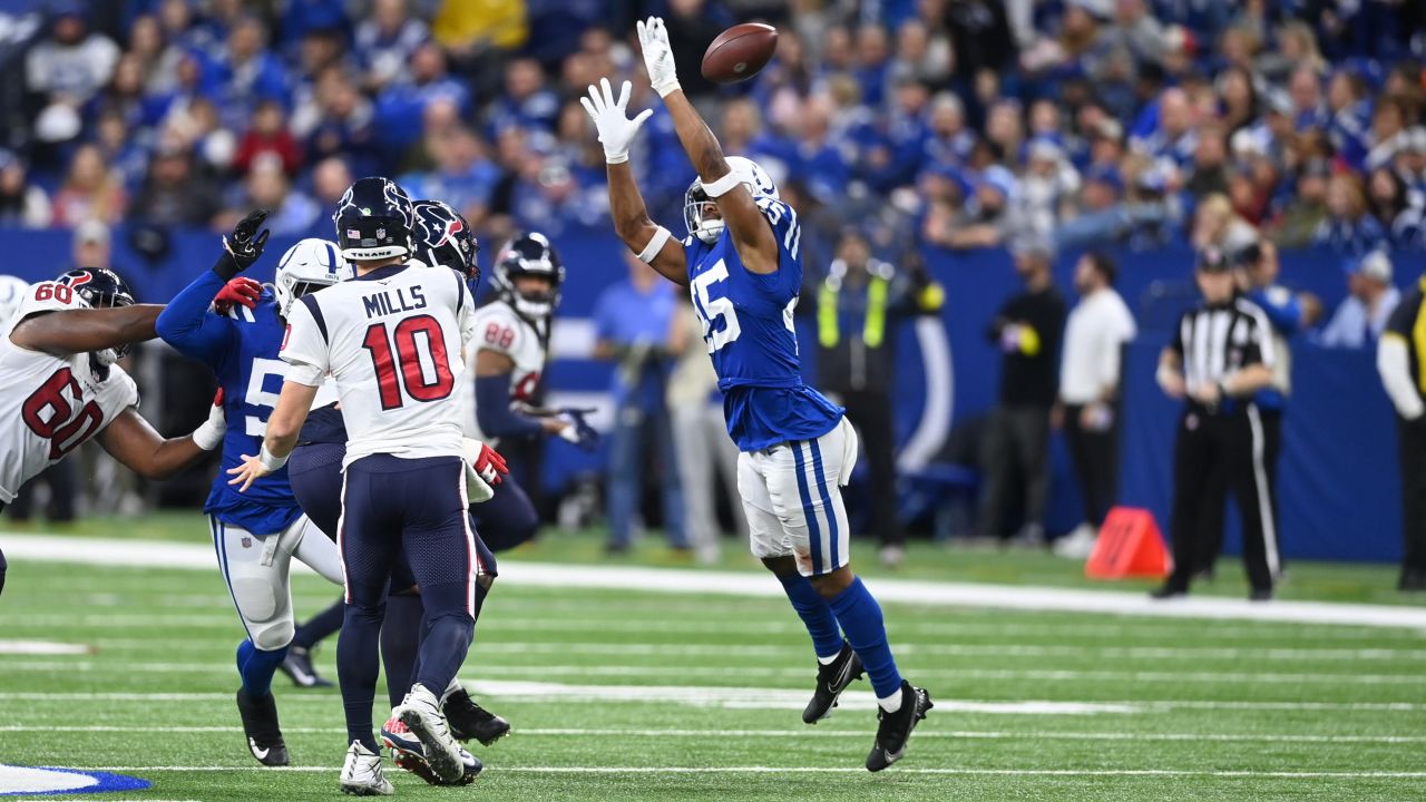 January 8, 2023, Indianapolis, Indiana, U.S: Indianapolis Colts safety  Rodney McLeod (26) fights off a tackle by Houston Texans quarterback Davis  Mills (10) after intercepting his pass during the game between the