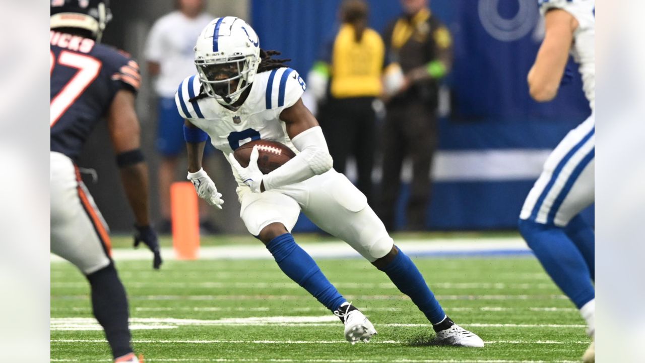 August 19, 2023: Indianapolis Colts wide receivers Juwann Winfree (8) and  Josh Downs (1) celebrate touchdown after NFL preseason game against the  Chicago Bears at Lucas Oil Stadium in Indianapolis, Indiana. John