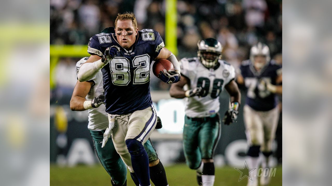 FILE – In this Oct. 10, 2019, file photo, Dallas Cowboys' Jason Witten (82)  warms up before an …