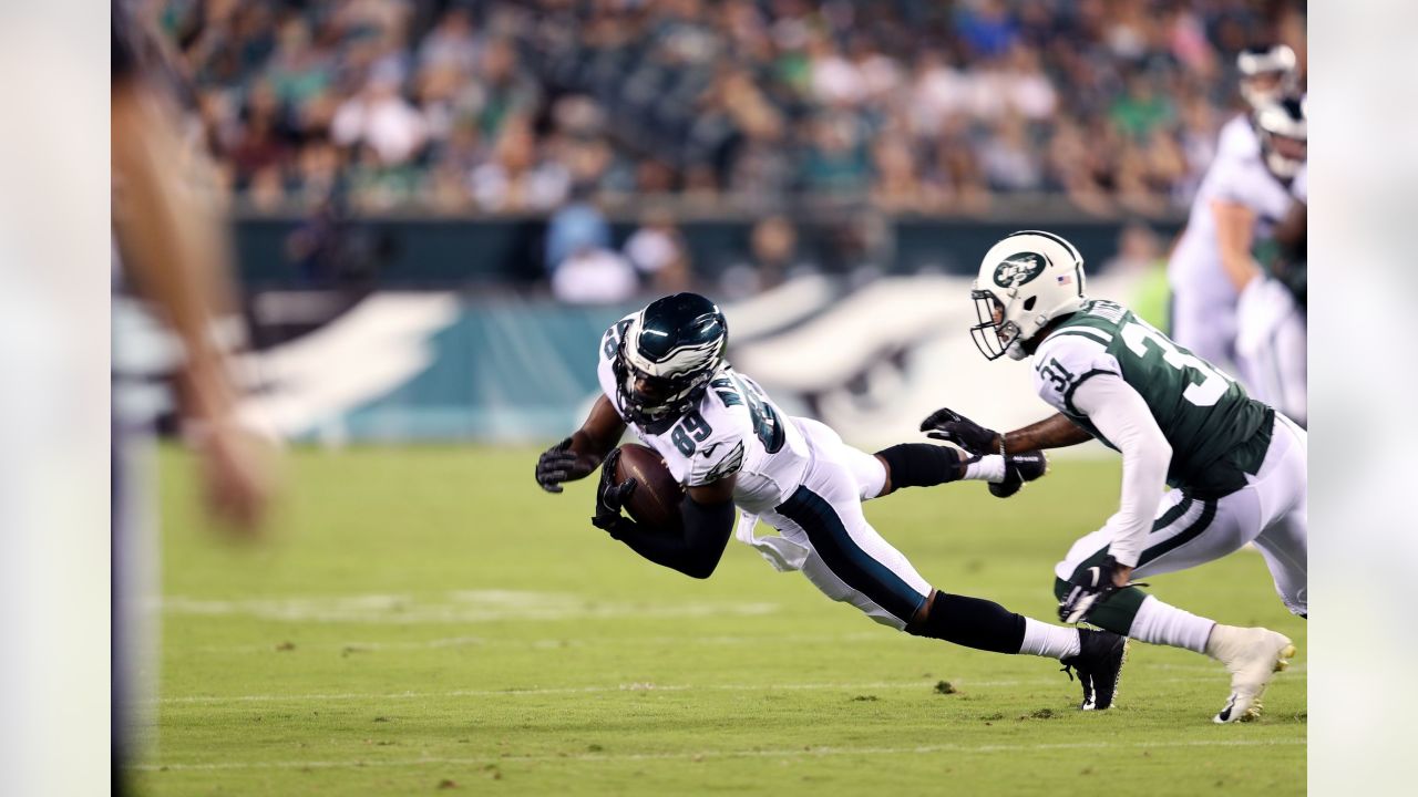 New York Jets linebacker Hamsah Nasirildeen (45) and offensive tackle  Derrick Kelly (62) walk off the field after an NFL pre-season game against  the Philadelphia Eagles, Friday, Aug. 12, 2022, in Philadelphia. (