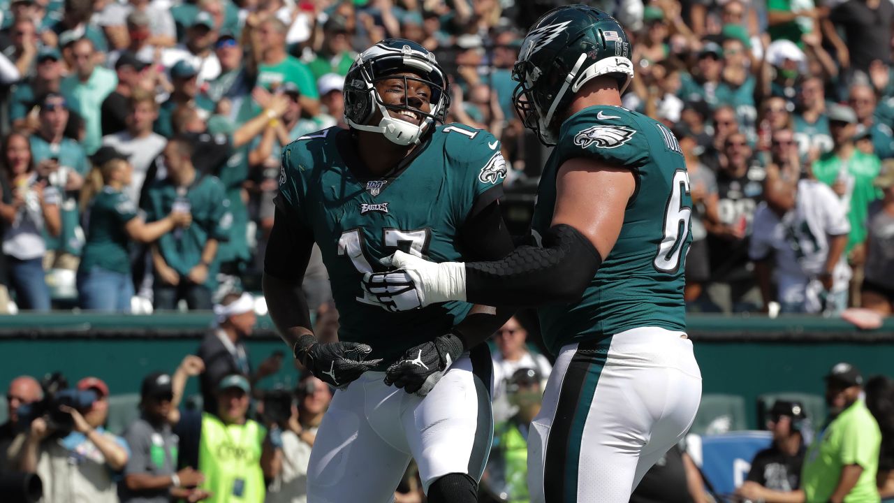 Philadelphia, United States. 08th Sep, 2019. Philadelphia Eagles wide  receiver DeSean Jackson (10) celebrates after scoring a touchdown during  the first half against the Washington Redskins at Lincoln Financial Field  in Philadelphia