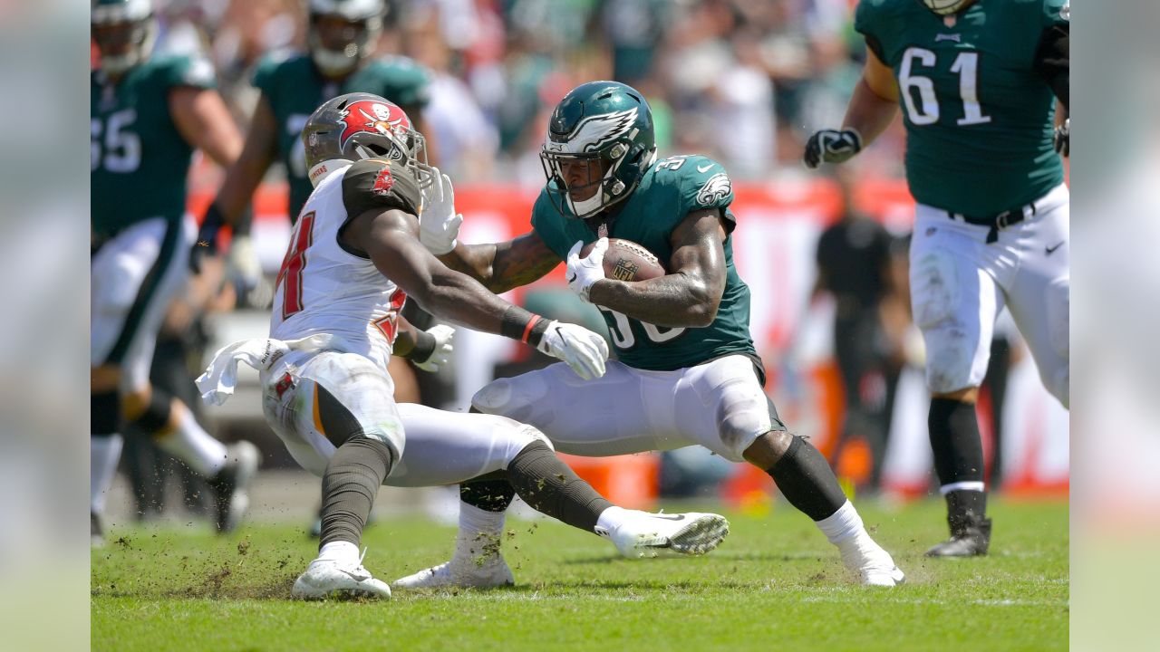 Philadelphia Eagles running back Corey Clement (30) is tackled by