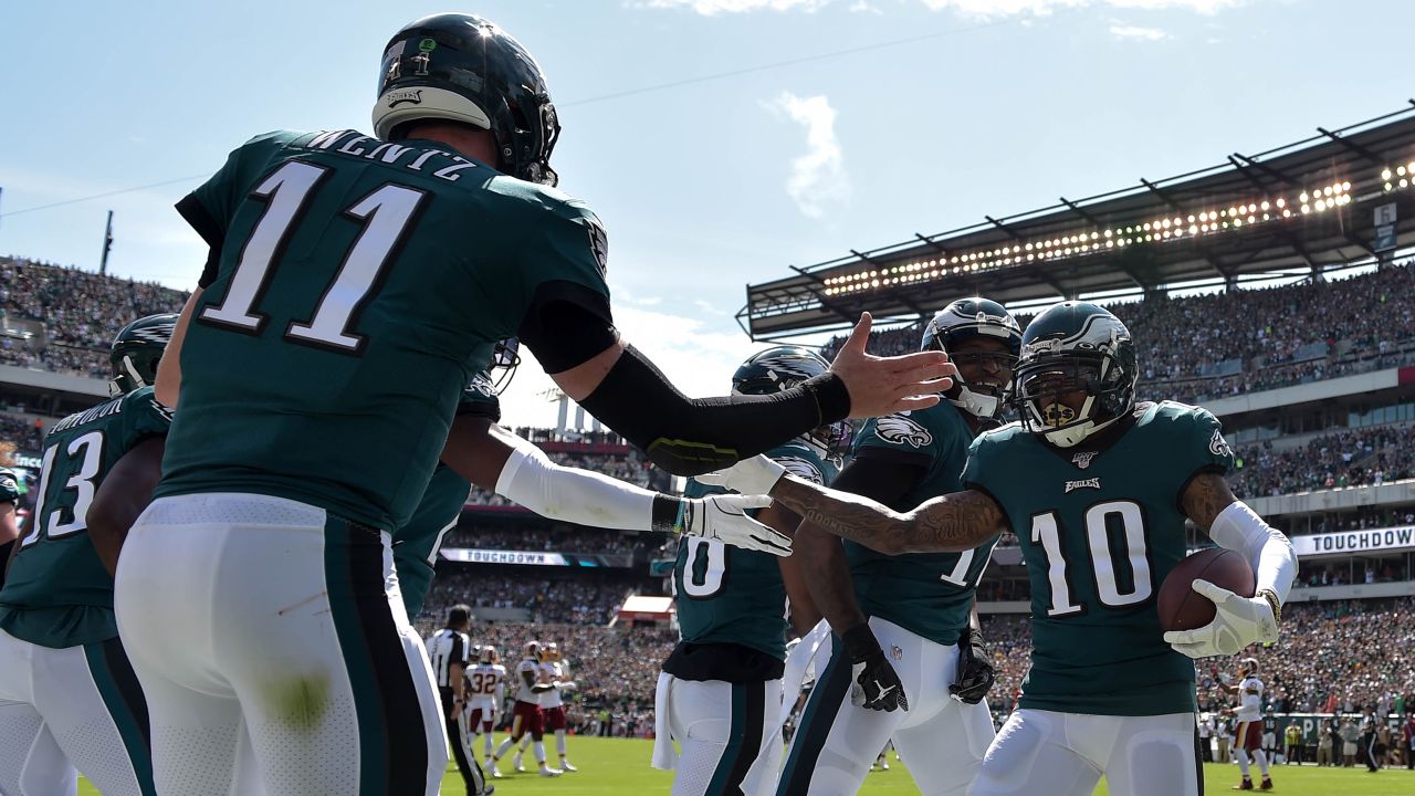 Philadelphia Eagles wide receiver DeSean Jackson celebrates after  completing a 13-yard gain which set up the Eagles first touchdown during  first quarter Philadelphia Eagles-New York Giants game action in  Philadelphia at Lincoln