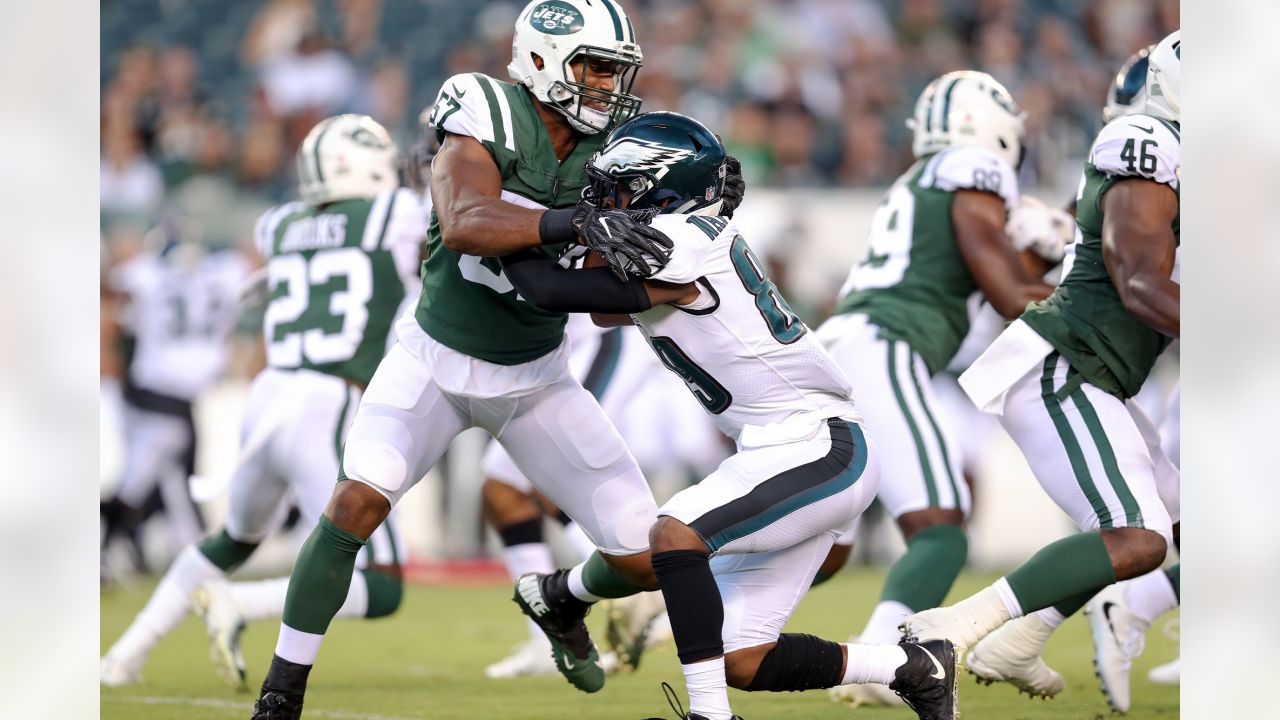 New York Jets linebacker Hamsah Nasirildeen (45) and offensive tackle  Derrick Kelly (62) walk off the field after an NFL pre-season game against  the Philadelphia Eagles, Friday, Aug. 12, 2022, in Philadelphia. (