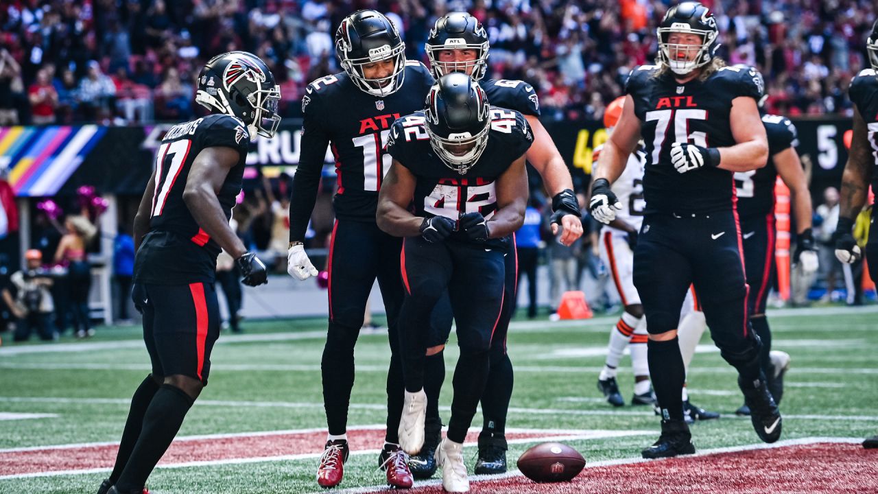 Atlanta Falcons running back Caleb Huntley (42) runs the ball during the  second half of a preseason NFL football game against the Tennessee Titans,  Friday, Aug. 13, 2021, in Atlanta. The Tennessee