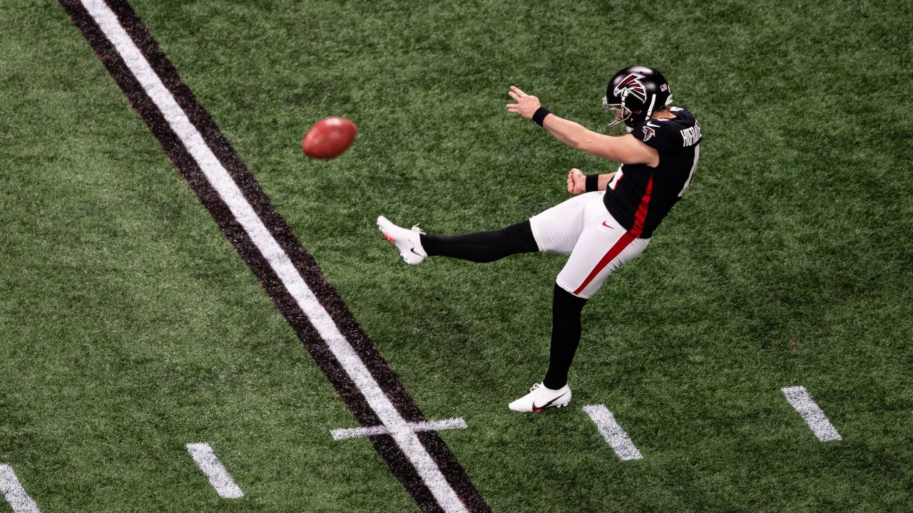 Atlanta Falcons kicker Younghoe Koo #7 looks on during pregame before the  game against the Los Angeles Charge…