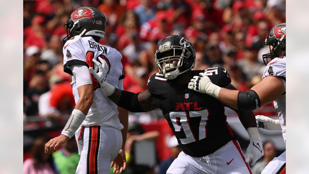 ATLANTA, GA - OCTOBER 30: Atlanta Falcons defensive end Grady Jarrett (97)  looks on from the sidelines during the Sunday afternoon NFL game between  the Carolina Panthers and the Atlanta Falcons on