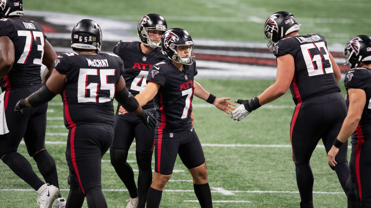 Atlanta Falcons kicker Younghoe Koo #7 celebrates after kicking a field goal during the first half against the Las Vegas Raiders on November 29, 2020.