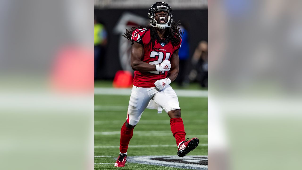 Atlanta Falcons cornerback Desmond Trufant (21) celebrates an interception  against the Tampa Bay Buccaneers during the first half of an NFL football  game, Sunday, Nov. 24, 2019, in Atlanta. (AP Photo/John Bazemore