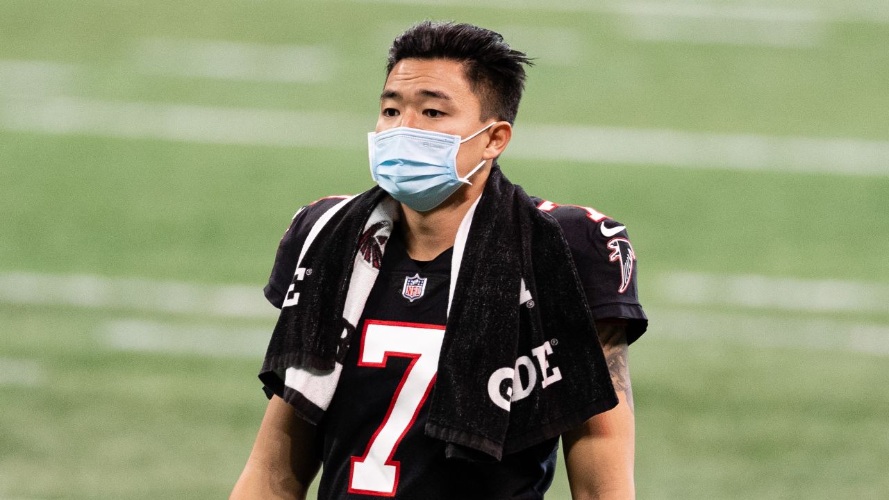 Atlanta Falcons kicker Younghoe Koo #7 is shown during warm ups before the game against the New Orleans Saints on December 6, 2020.