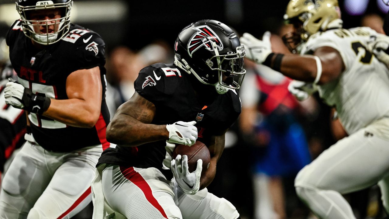 Atlanta Falcons wide receiver KhaDarel Hodge (12) lines up during the first  half of an NFL football game against the New Orleans Saints, Sunday, Sep.  11, 2022, in Atlanta. The New Orleans