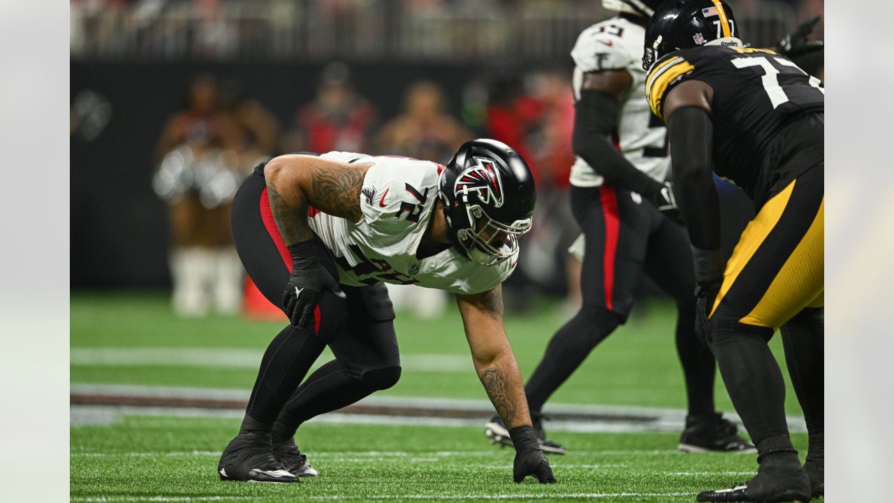 Atlanta Falcons cornerback Clark Phillips III (34) works during the first  half of an NFL preseason football game against the Pittsburgh Steelers,  Thursday, Aug. 24, 2023, in Atlanta. The Pittsburgh Steelers won