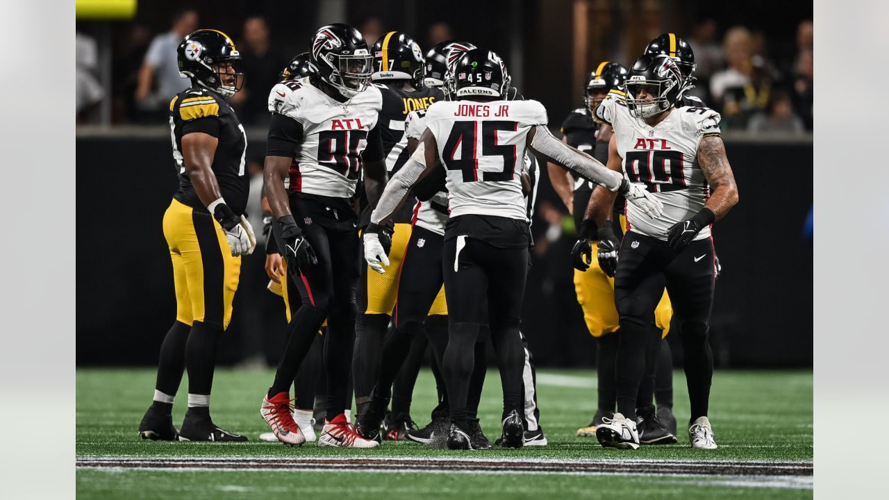 Atlanta Falcons defensive end Zach Harrison (96) works during the first  half of an NFL preseason football game against the Pittsburgh Steelers,  Thursday, Aug. 24, 2023, in Atlanta. The Pittsburgh Steelers won