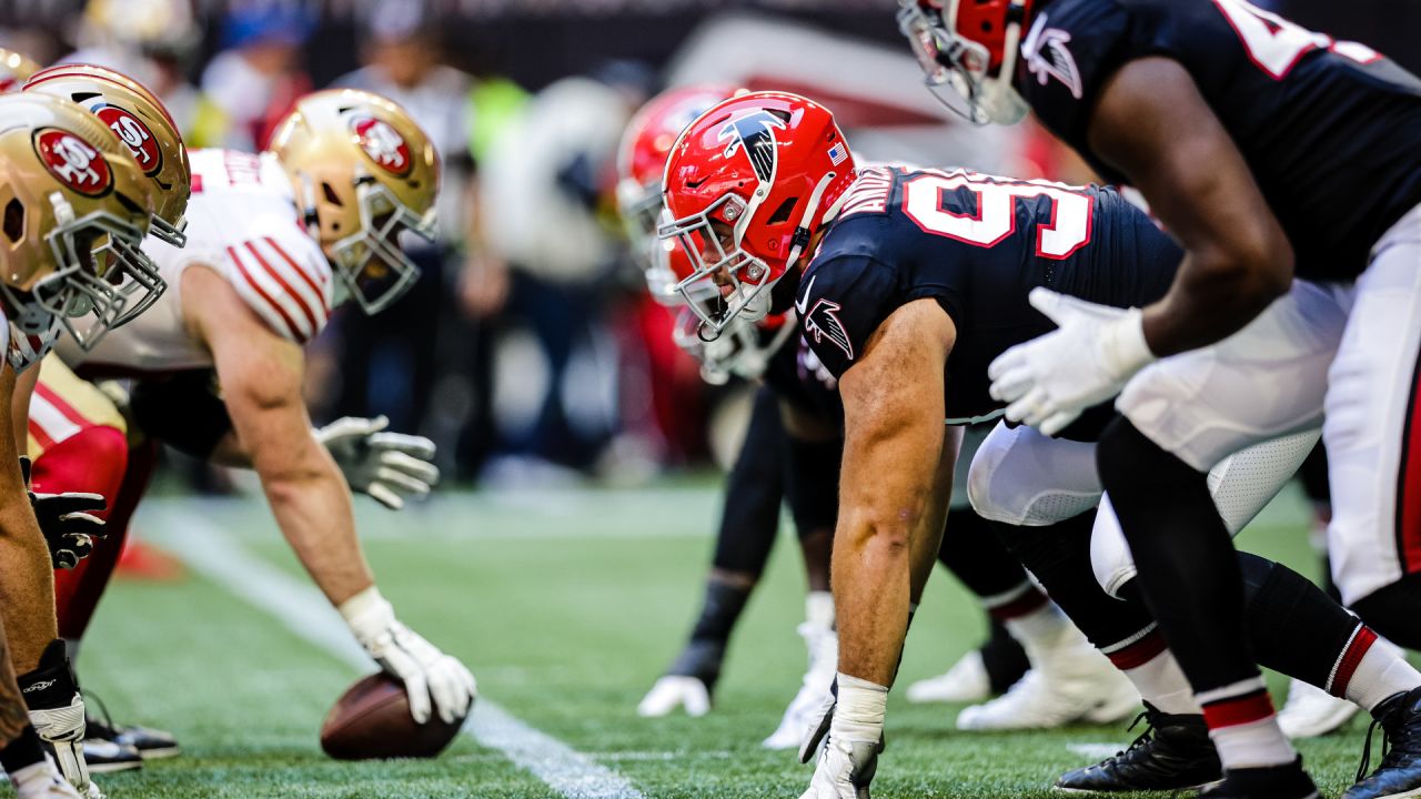 Atlanta Falcons linebacker Quinton Bell (56) works during the first half of  an NFL football game against the San Francisco 49ers, Sunday, Oct. 16, 2022,  in Atlanta. The Atlanta Falcons won 28-14. (