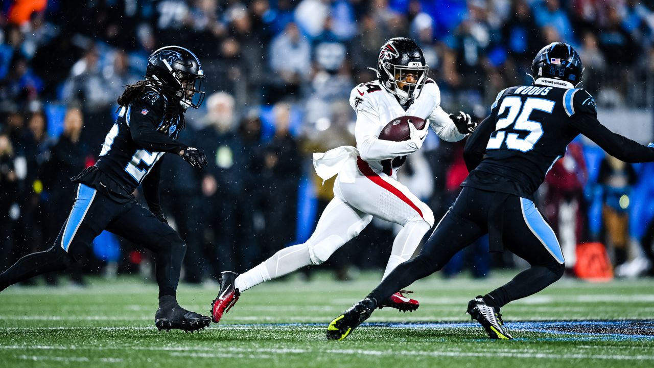 Carolina Panthers wide receiver Laviska Shenault Jr. runs for a touchdown  against the Atlanta Falcons during the first half of an NFL football game  on Thursday, Nov. 10, 2022, in Charlotte, N.C. (