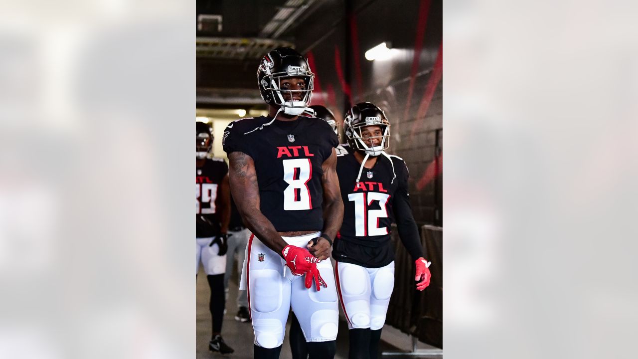 Atlanta Falcons wide receiver KhaDarel Hodge (12) walks off the field after  an NFL football game