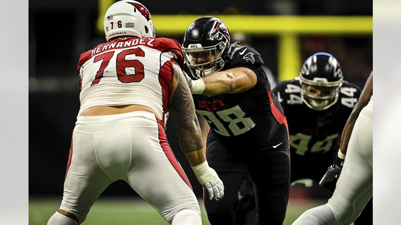 Atlanta Falcons defensive tackle Abdullah Anderson (98) watches a fumble  during the first half of an NFL football game against the Cleveland Browns,  Sunday, Oct. 2, 2022, in Atlanta. The Atlanta Falcons