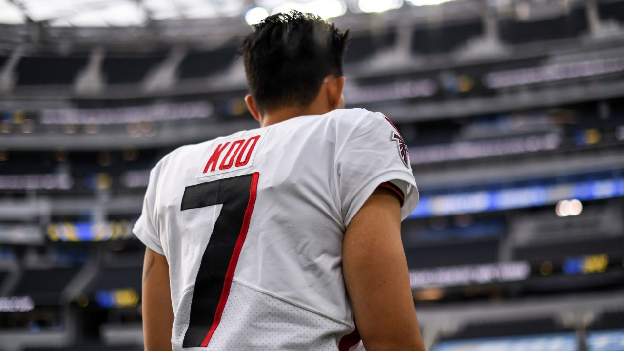 Atlanta Falcons kicker Younghoe Koo #7 looks on during pregame before the game against the Los Angeles Chargers on December 13, 2020.