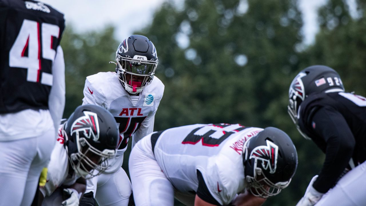 Atlanta Falcons running back Qadree Ollison (32) celebrates his 9-yard  touchdown run against the Jacksonville Jaguars with offensive tackle Kaleb  McGary (76) during the first half of an NFL preseason football game