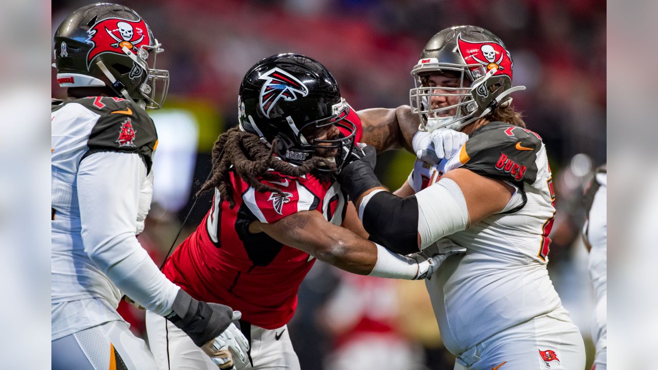 Atlanta Falcons guard Mike Johnson (79) catches a Matt Ryan pass for a  1-yard touchdown during the first quarter against the New Orleans Saints at  the Mercedes-Benz Superdome in New Orleans, Louisiana