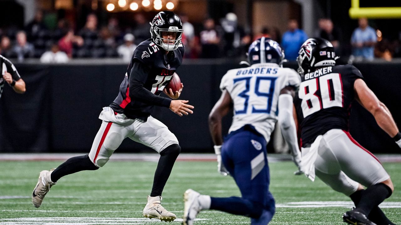 Atlanta Falcons quarterback Feleipe Franks (15) runs for the play