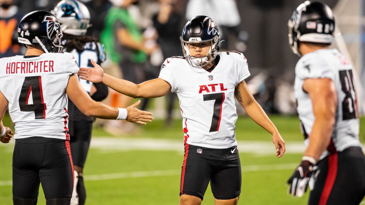 Atlanta Falcons kicker Younghoe Koo #7celebrates after making a field goal during the first quarter against the Carolina Panthers on October 29, 2020. (Photo by Kyle Hess/Atlanta Falcons)