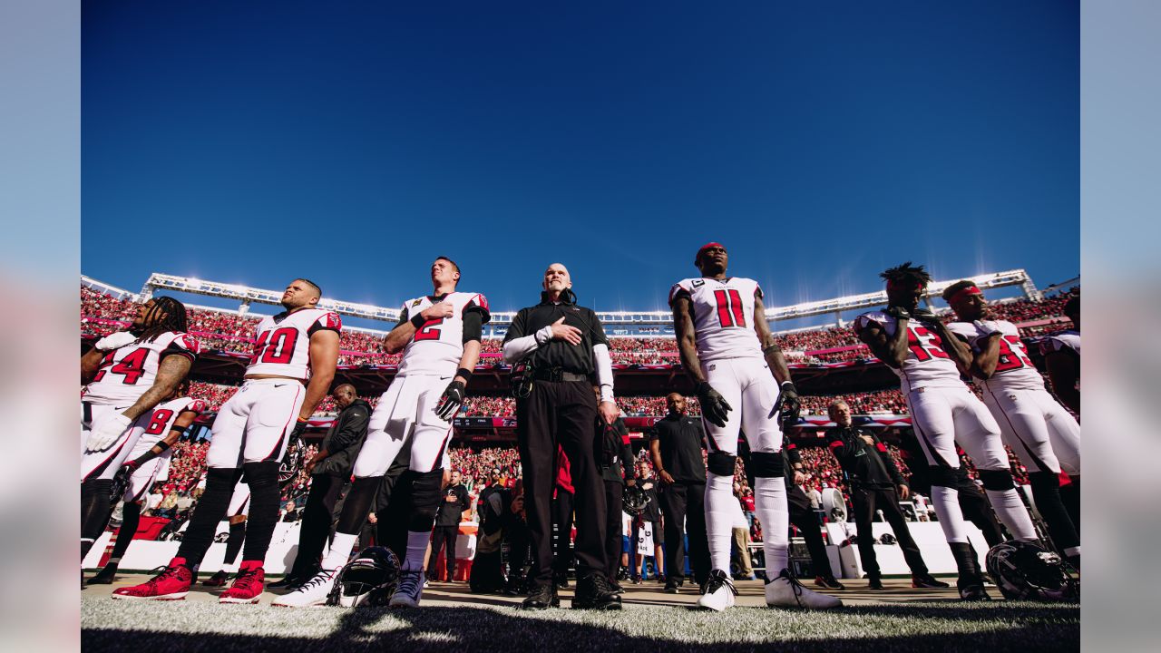 Atlanta Falcons wide receiver Christian Blake #13 runs out of the tunnel  during pregame against the …